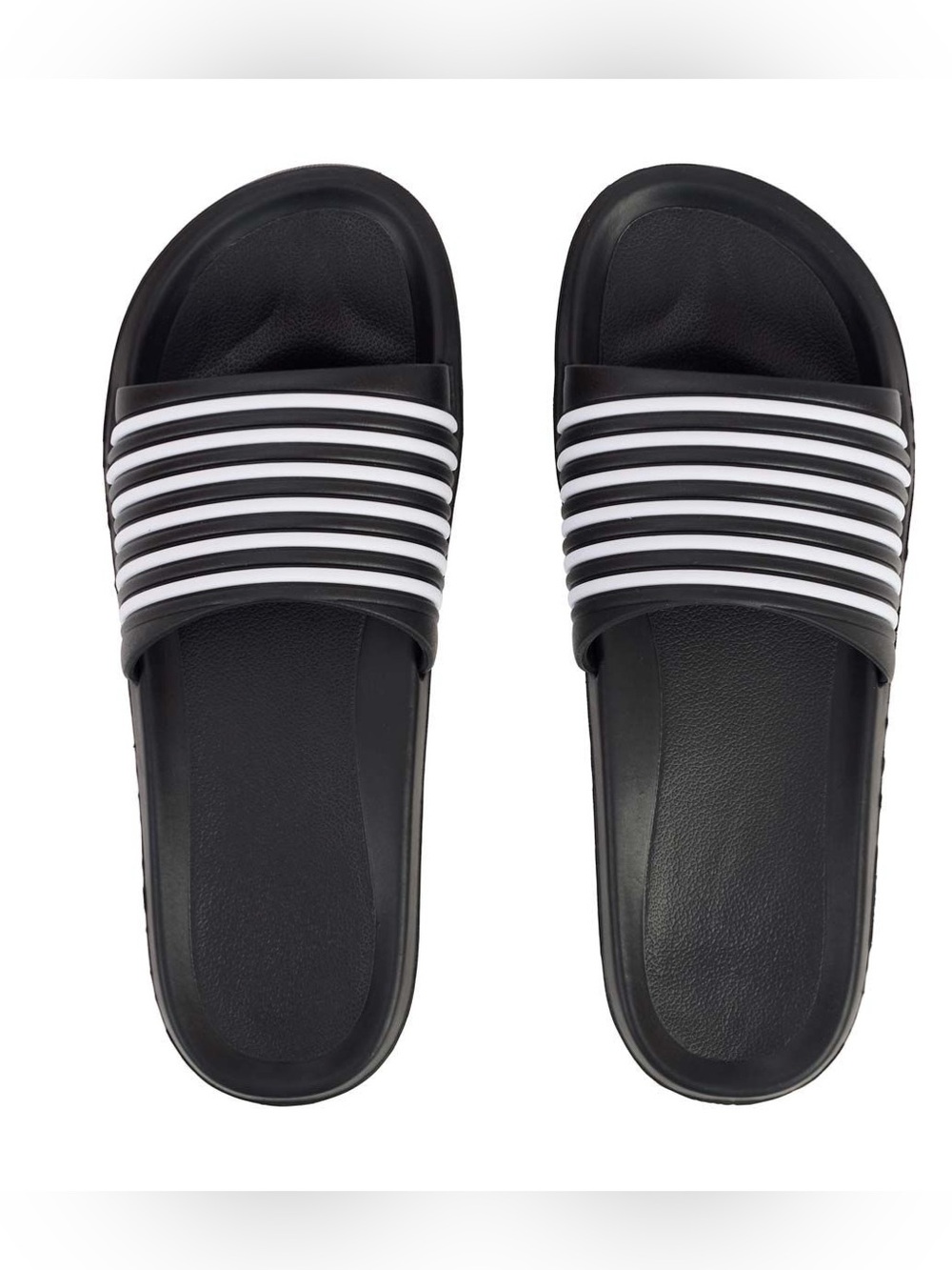 Black and White Multi-Stripe Comfort Slides Slip On Pool & Gym Sandals - Picture 1 of 7